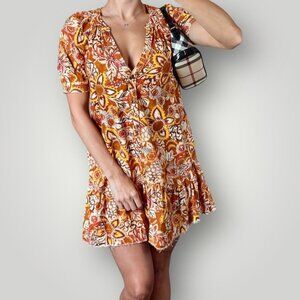 Anthropologie Pilcro Puff Sleeve Floral Tapestry Dress Cotton/Linen Raw Hem XS